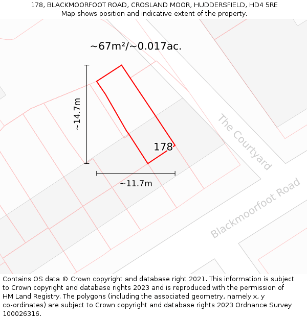 178, BLACKMOORFOOT ROAD, CROSLAND MOOR, HUDDERSFIELD, HD4 5RE: Plot and title map
