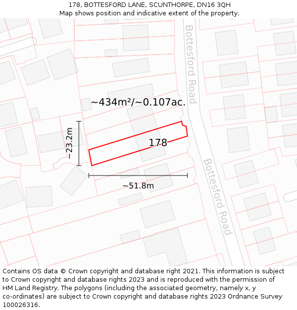 178, BOTTESFORD LANE, SCUNTHORPE, DN16 3QH: Plot and title map