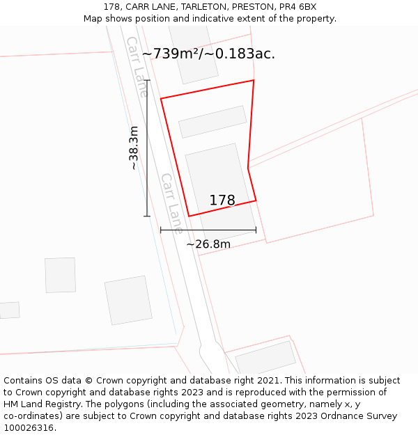 178, CARR LANE, TARLETON, PRESTON, PR4 6BX: Plot and title map