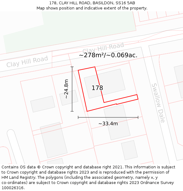 178, CLAY HILL ROAD, BASILDON, SS16 5AB: Plot and title map