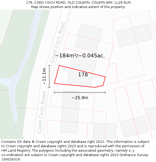 178, COED COCH ROAD, OLD COLWYN, COLWYN BAY, LL29 9UN: Plot and title map