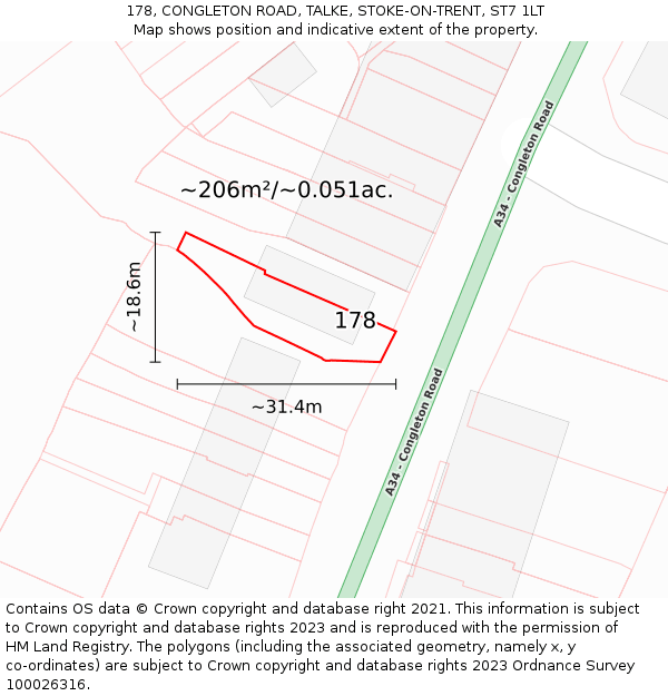 178, CONGLETON ROAD, TALKE, STOKE-ON-TRENT, ST7 1LT: Plot and title map