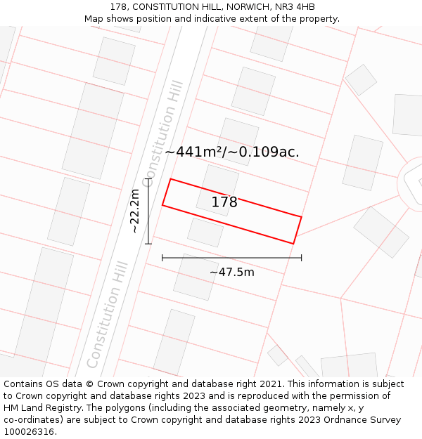 178, CONSTITUTION HILL, NORWICH, NR3 4HB: Plot and title map