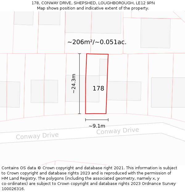 178, CONWAY DRIVE, SHEPSHED, LOUGHBOROUGH, LE12 9PN: Plot and title map