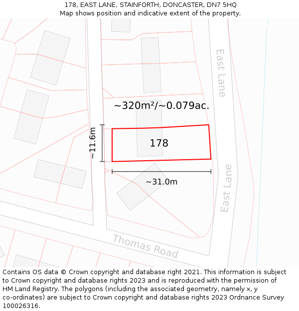 178, EAST LANE, STAINFORTH, DONCASTER, DN7 5HQ: Plot and title map