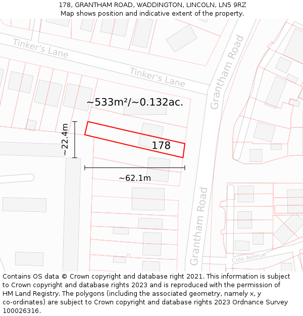 178, GRANTHAM ROAD, WADDINGTON, LINCOLN, LN5 9RZ: Plot and title map