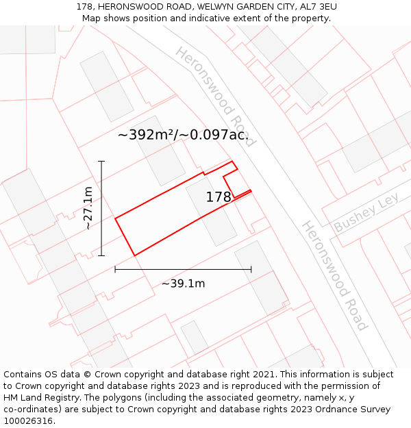178, HERONSWOOD ROAD, WELWYN GARDEN CITY, AL7 3EU: Plot and title map