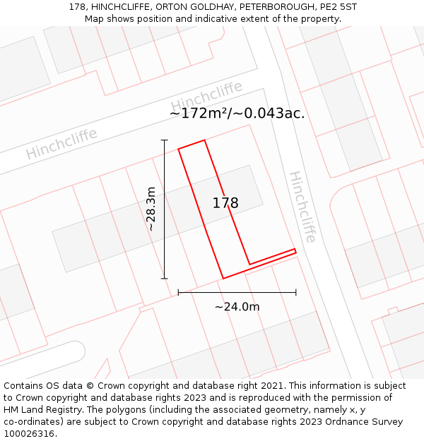 178, HINCHCLIFFE, ORTON GOLDHAY, PETERBOROUGH, PE2 5ST: Plot and title map