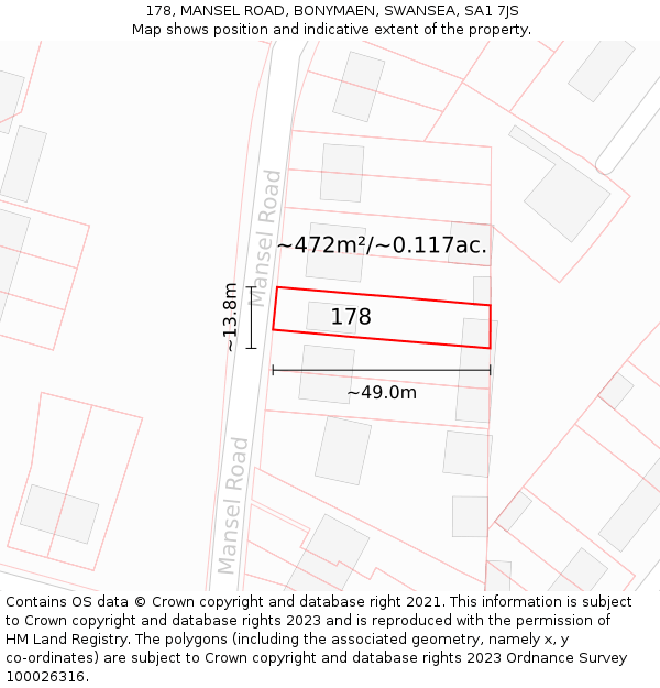 178, MANSEL ROAD, BONYMAEN, SWANSEA, SA1 7JS: Plot and title map
