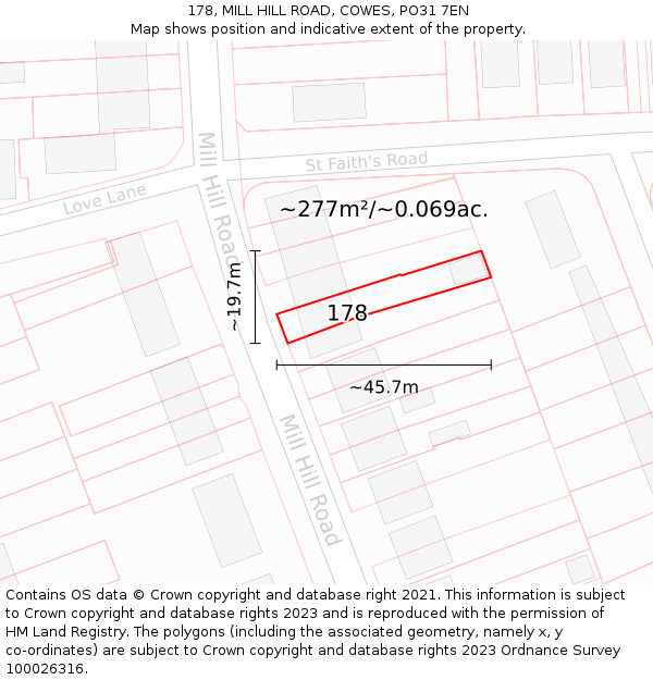 178, MILL HILL ROAD, COWES, PO31 7EN: Plot and title map