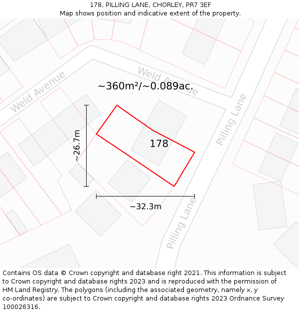 178, PILLING LANE, CHORLEY, PR7 3EF: Plot and title map