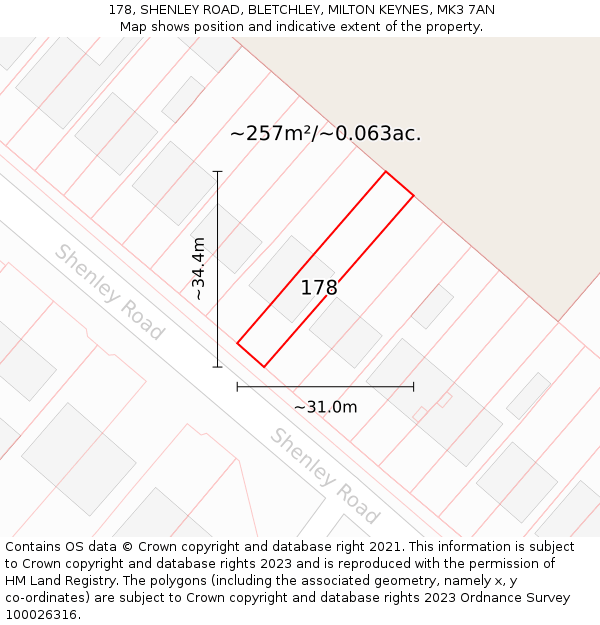 178, SHENLEY ROAD, BLETCHLEY, MILTON KEYNES, MK3 7AN: Plot and title map