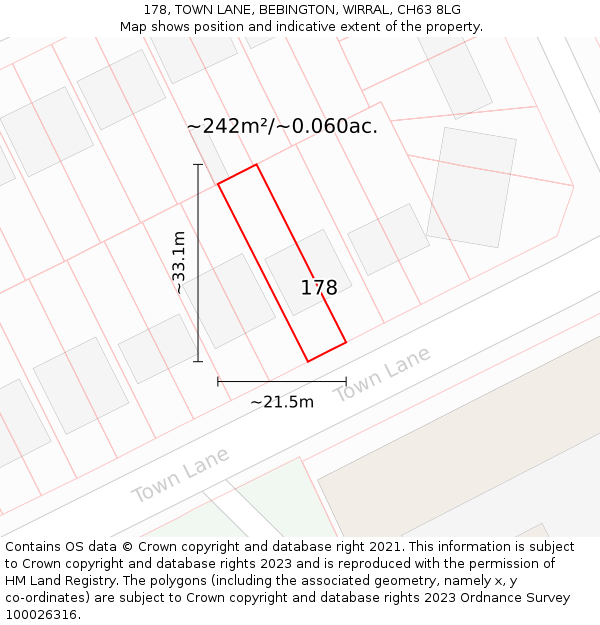 178, TOWN LANE, BEBINGTON, WIRRAL, CH63 8LG: Plot and title map