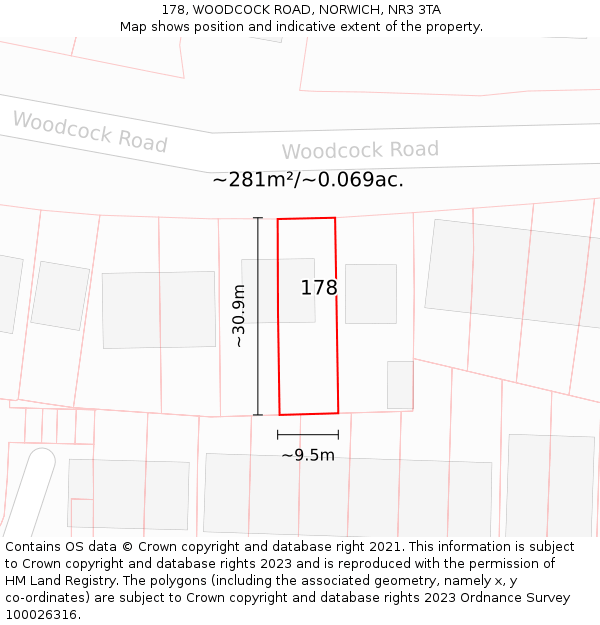 178, WOODCOCK ROAD, NORWICH, NR3 3TA: Plot and title map