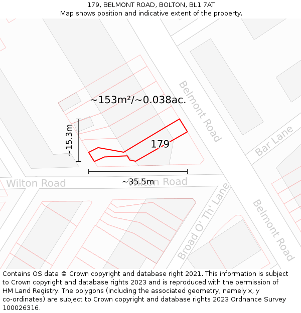 179, BELMONT ROAD, BOLTON, BL1 7AT: Plot and title map