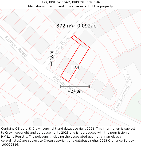 179, BISHOP ROAD, BRISTOL, BS7 8NA: Plot and title map