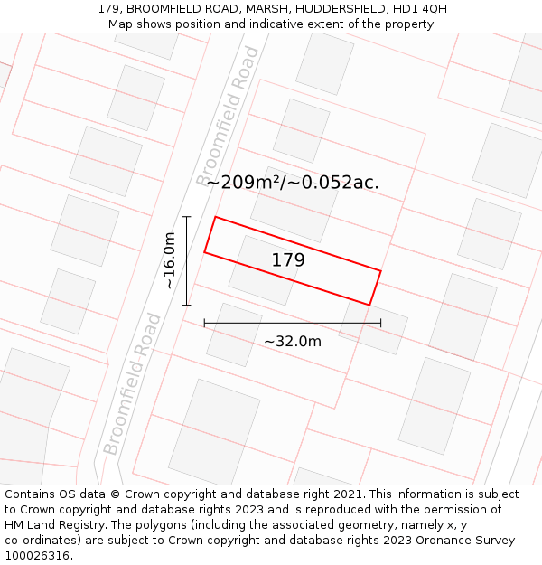 179, BROOMFIELD ROAD, MARSH, HUDDERSFIELD, HD1 4QH: Plot and title map