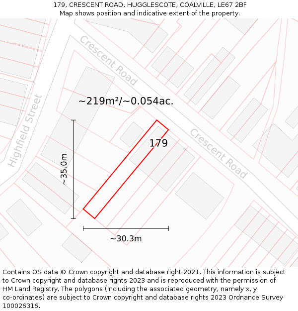 179, CRESCENT ROAD, HUGGLESCOTE, COALVILLE, LE67 2BF: Plot and title map