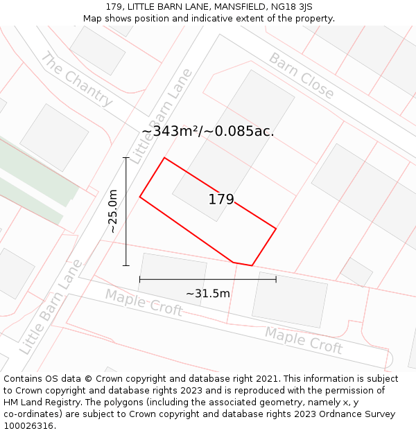 179, LITTLE BARN LANE, MANSFIELD, NG18 3JS: Plot and title map