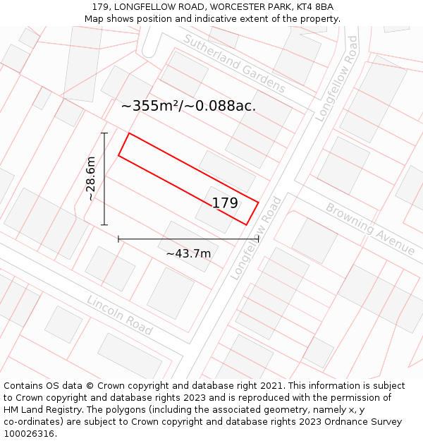 179, LONGFELLOW ROAD, WORCESTER PARK, KT4 8BA: Plot and title map