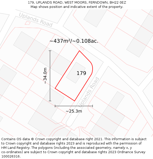 179, UPLANDS ROAD, WEST MOORS, FERNDOWN, BH22 0EZ: Plot and title map