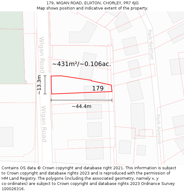 179, WIGAN ROAD, EUXTON, CHORLEY, PR7 6JG: Plot and title map