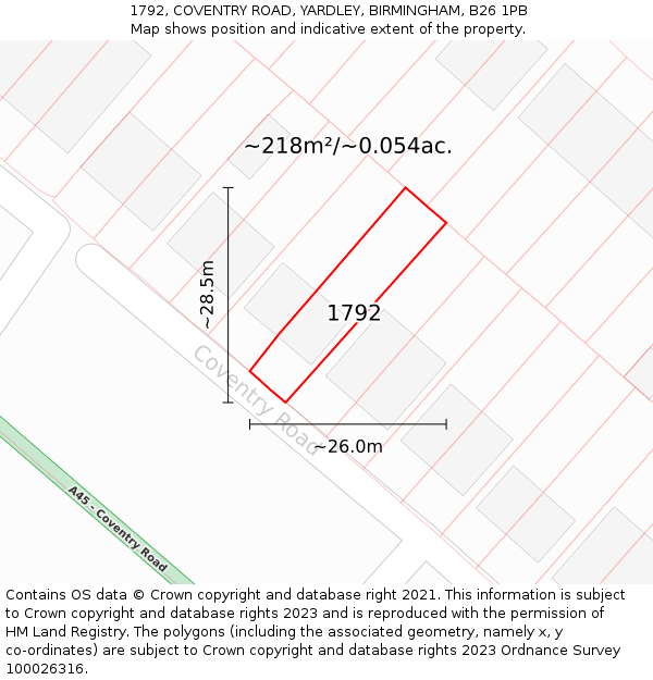 1792, COVENTRY ROAD, YARDLEY, BIRMINGHAM, B26 1PB: Plot and title map