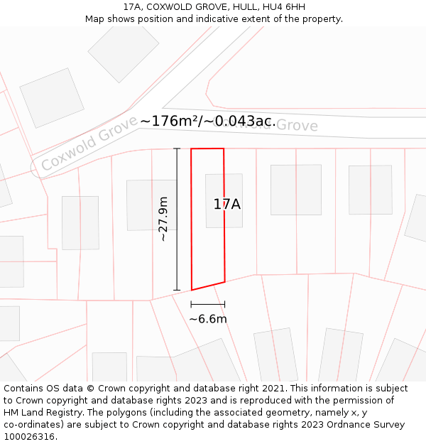 17A, COXWOLD GROVE, HULL, HU4 6HH: Plot and title map