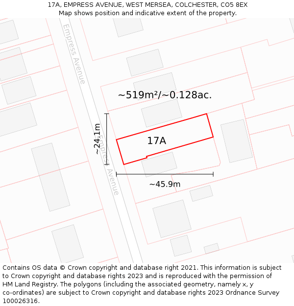 17A, EMPRESS AVENUE, WEST MERSEA, COLCHESTER, CO5 8EX: Plot and title map