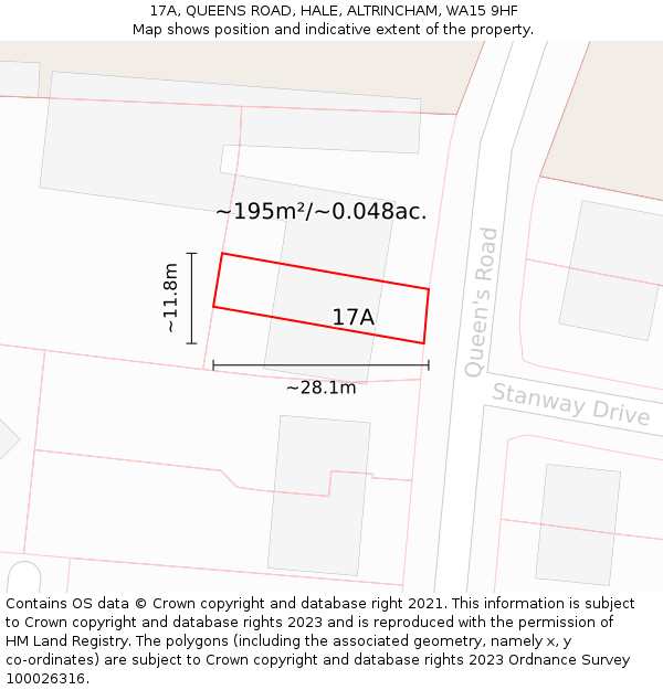 17A, QUEENS ROAD, HALE, ALTRINCHAM, WA15 9HF: Plot and title map