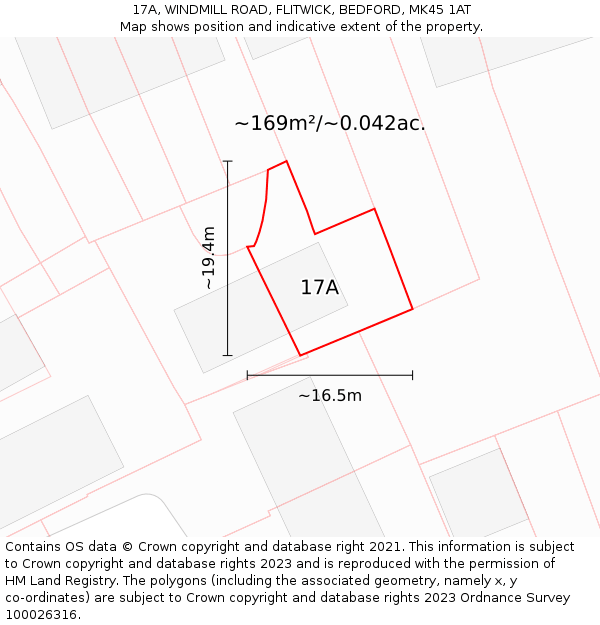 17A, WINDMILL ROAD, FLITWICK, BEDFORD, MK45 1AT: Plot and title map