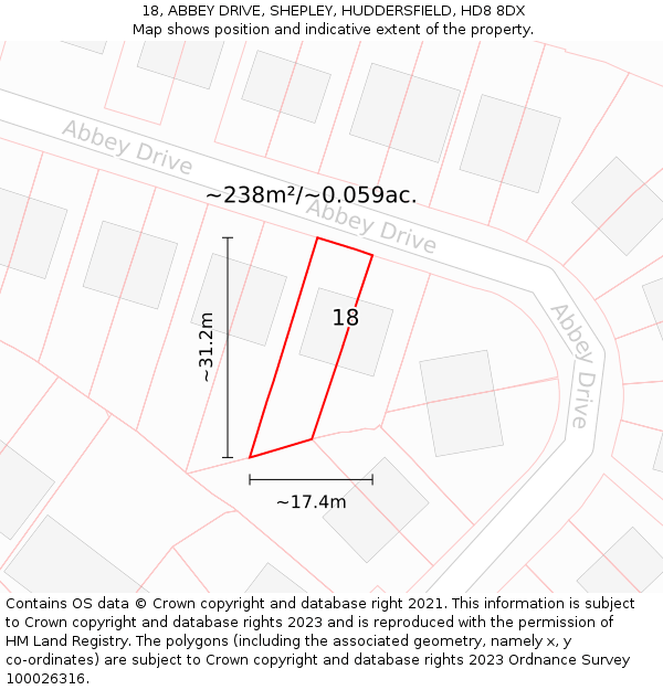 18, ABBEY DRIVE, SHEPLEY, HUDDERSFIELD, HD8 8DX: Plot and title map