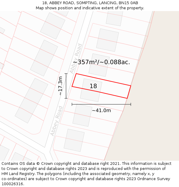 18, ABBEY ROAD, SOMPTING, LANCING, BN15 0AB: Plot and title map