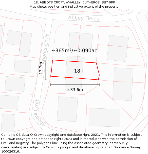 18, ABBOTS CROFT, WHALLEY, CLITHEROE, BB7 9RR: Plot and title map