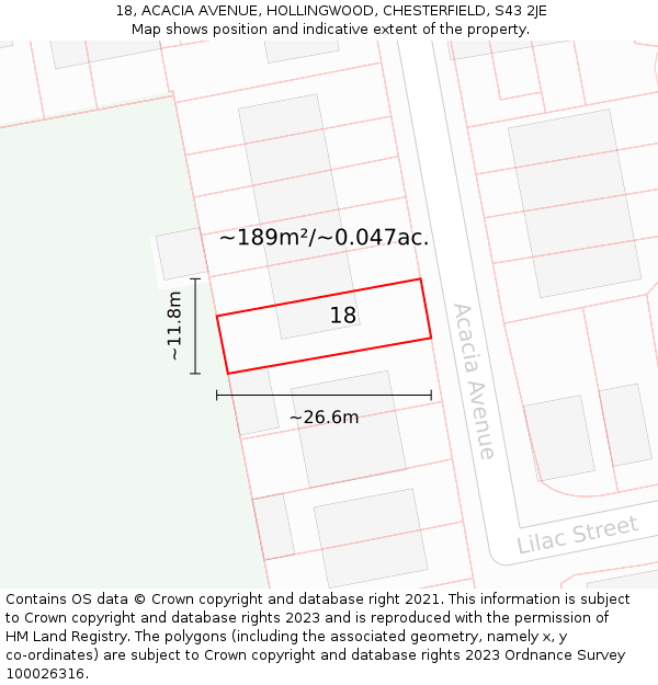 18, ACACIA AVENUE, HOLLINGWOOD, CHESTERFIELD, S43 2JE: Plot and title map