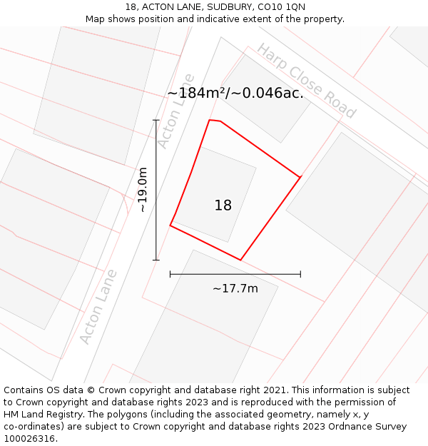 18, ACTON LANE, SUDBURY, CO10 1QN: Plot and title map