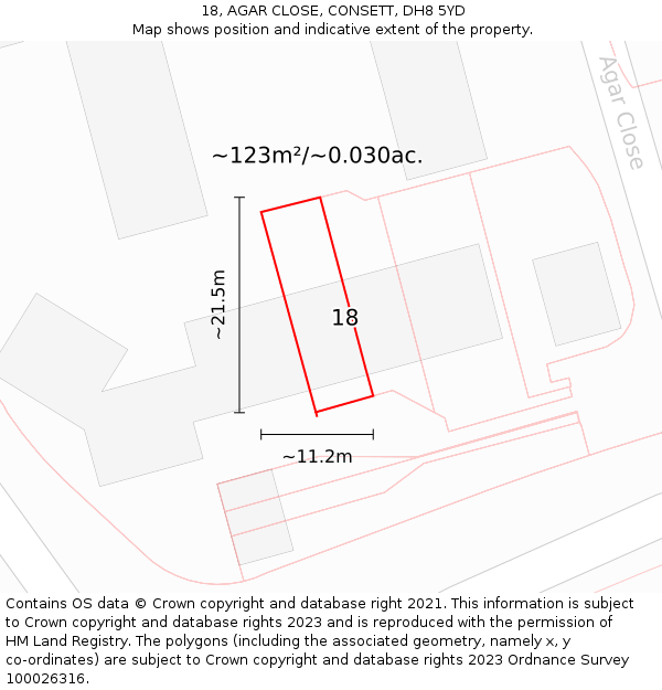 18, AGAR CLOSE, CONSETT, DH8 5YD: Plot and title map