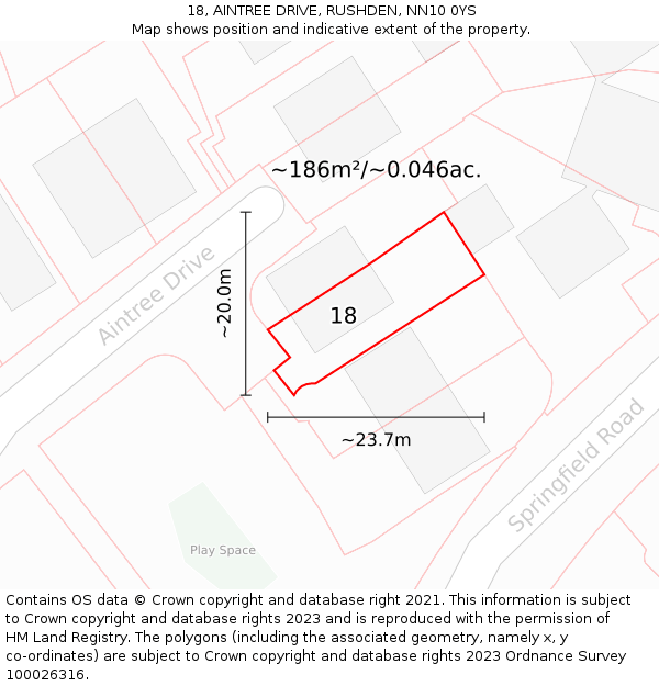 18, AINTREE DRIVE, RUSHDEN, NN10 0YS: Plot and title map