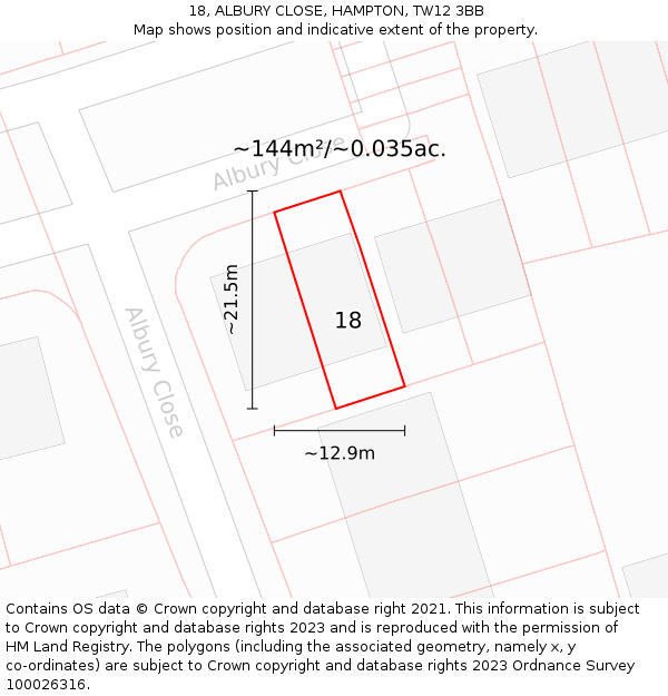 18, ALBURY CLOSE, HAMPTON, TW12 3BB: Plot and title map