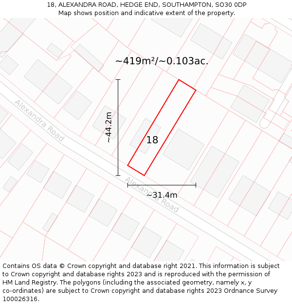 18, ALEXANDRA ROAD, HEDGE END, SOUTHAMPTON, SO30 0DP: Plot and title map