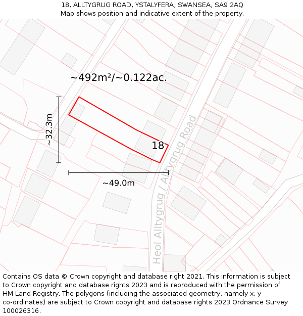 18, ALLTYGRUG ROAD, YSTALYFERA, SWANSEA, SA9 2AQ: Plot and title map