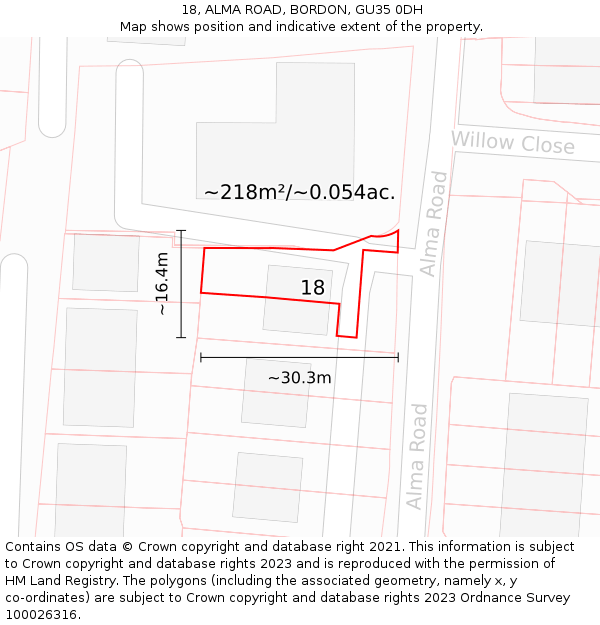 18, ALMA ROAD, BORDON, GU35 0DH: Plot and title map