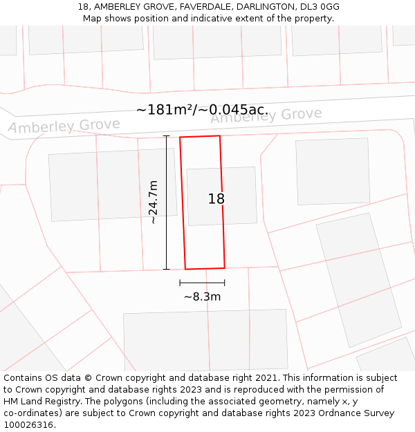 18, AMBERLEY GROVE, FAVERDALE, DARLINGTON, DL3 0GG: Plot and title map