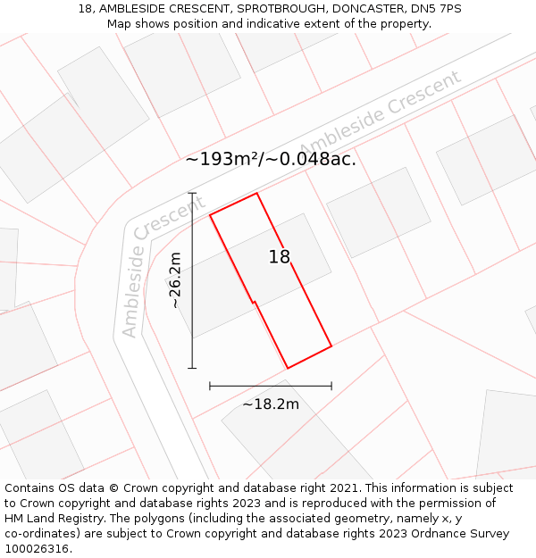 18, AMBLESIDE CRESCENT, SPROTBROUGH, DONCASTER, DN5 7PS: Plot and title map