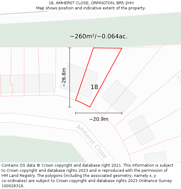 18, AMHERST CLOSE, ORPINGTON, BR5 2HH: Plot and title map