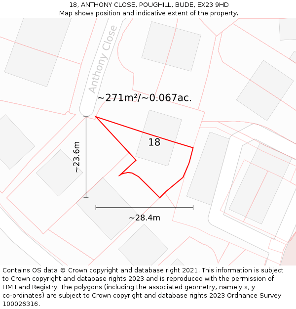 18, ANTHONY CLOSE, POUGHILL, BUDE, EX23 9HD: Plot and title map