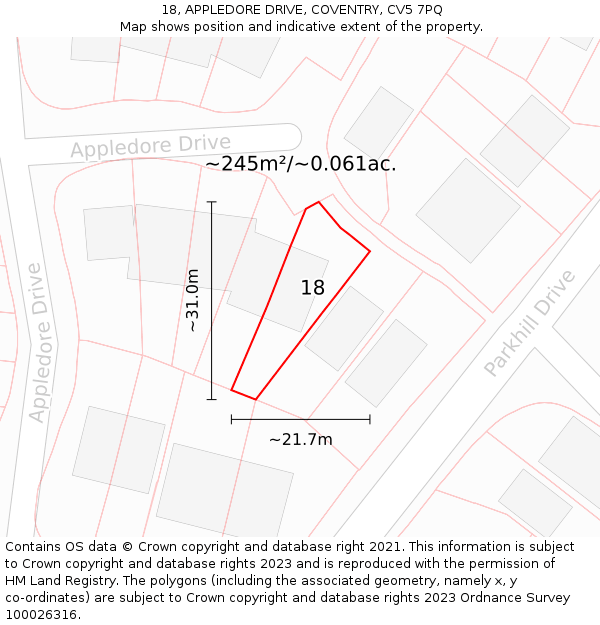 18, APPLEDORE DRIVE, COVENTRY, CV5 7PQ: Plot and title map