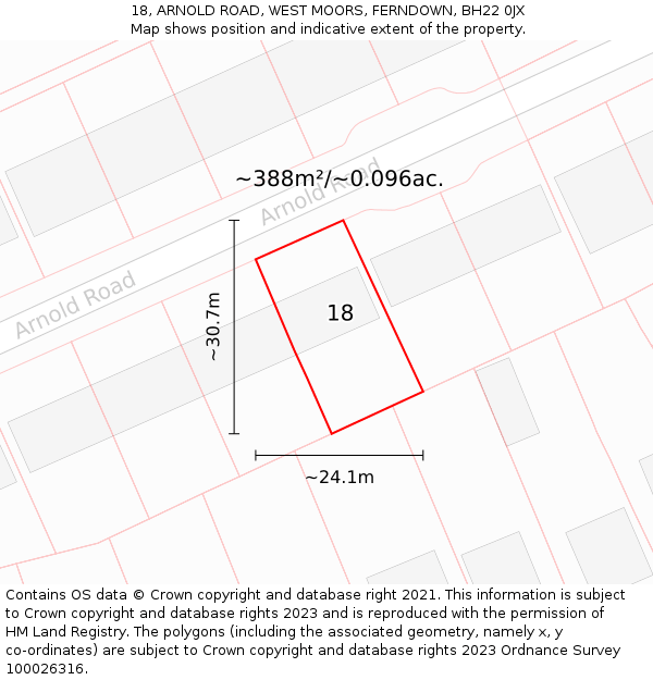 18, ARNOLD ROAD, WEST MOORS, FERNDOWN, BH22 0JX: Plot and title map