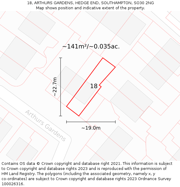 18, ARTHURS GARDENS, HEDGE END, SOUTHAMPTON, SO30 2NG: Plot and title map
