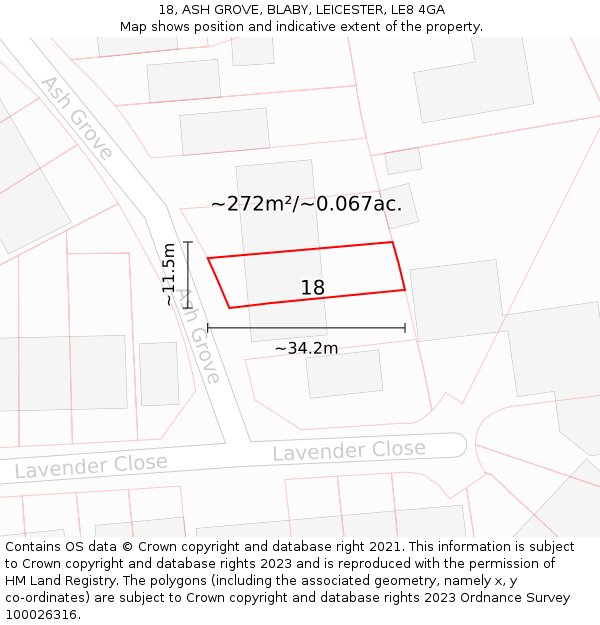 18, ASH GROVE, BLABY, LEICESTER, LE8 4GA: Plot and title map